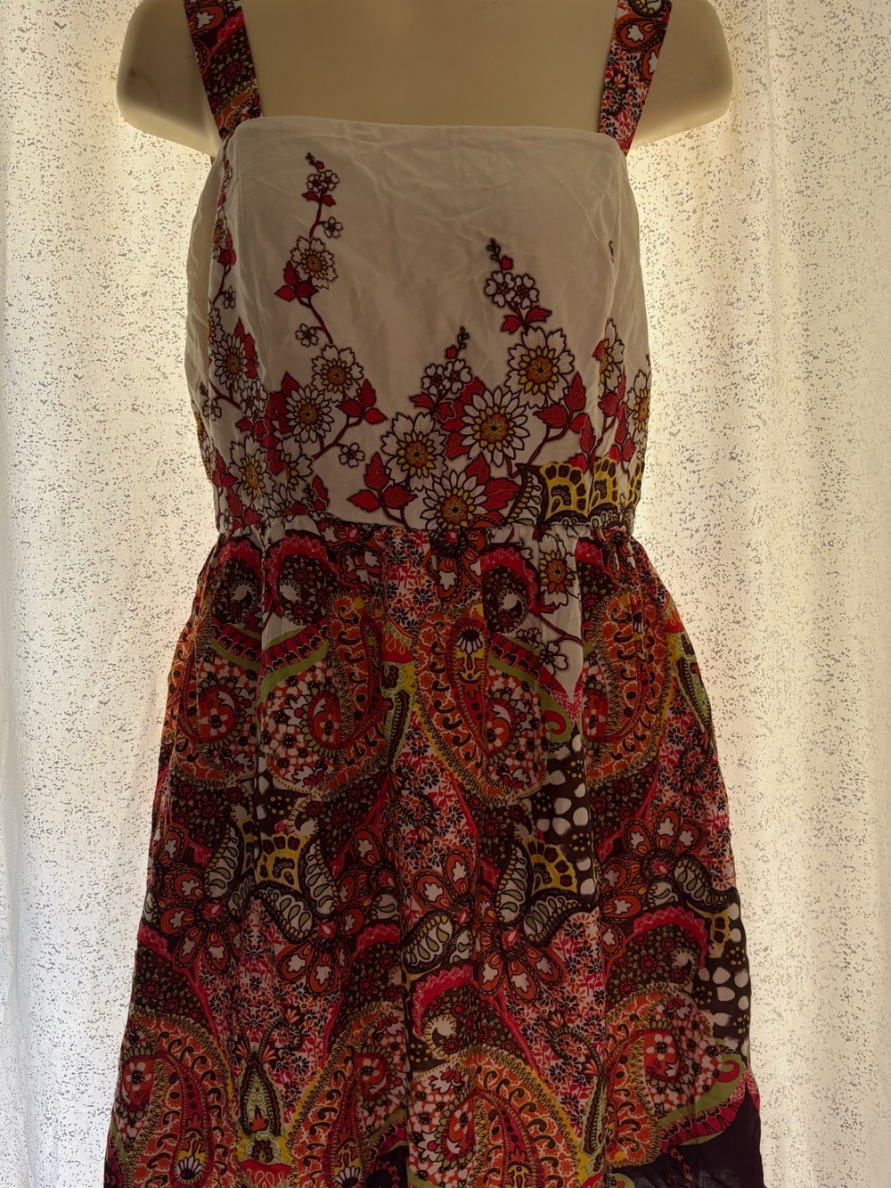 Forever 21 White Sundress with Red, Orange & Pink Paisley Print
